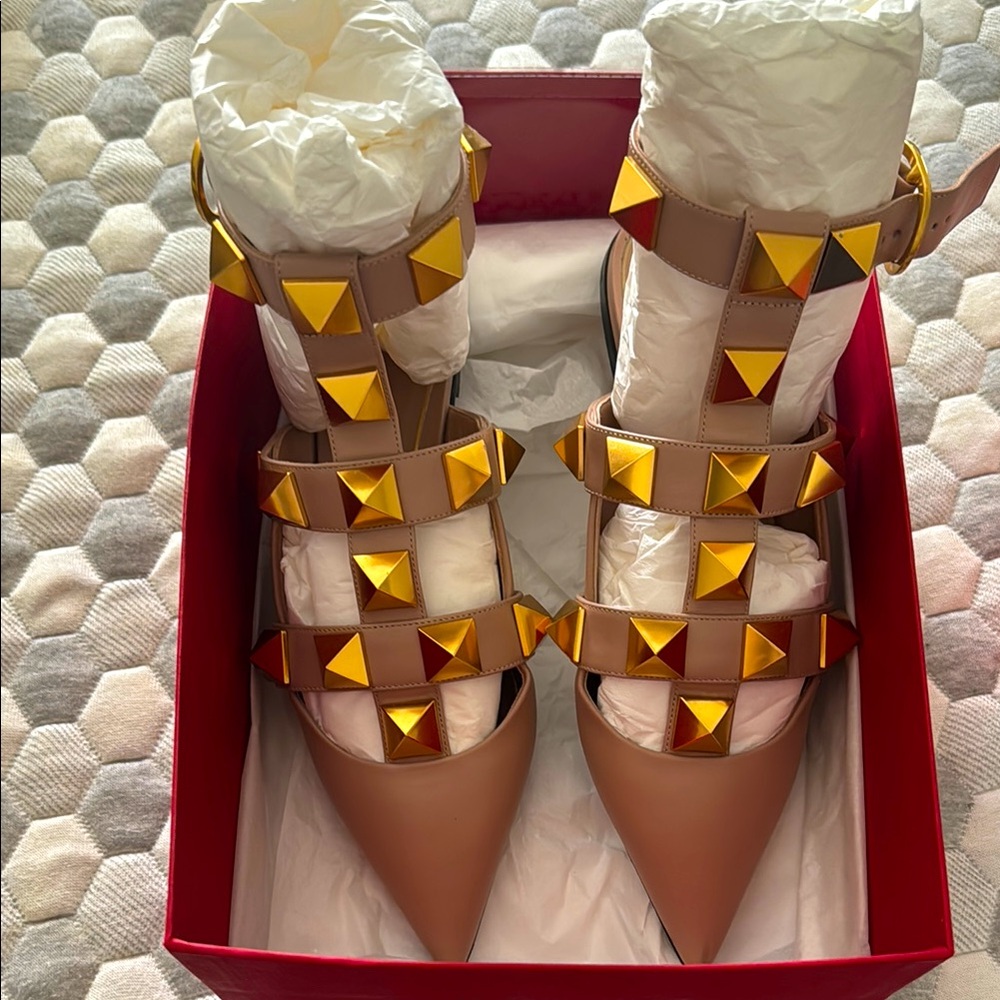 Valentino Rockstud Tan and Gold Ballerina Flats
